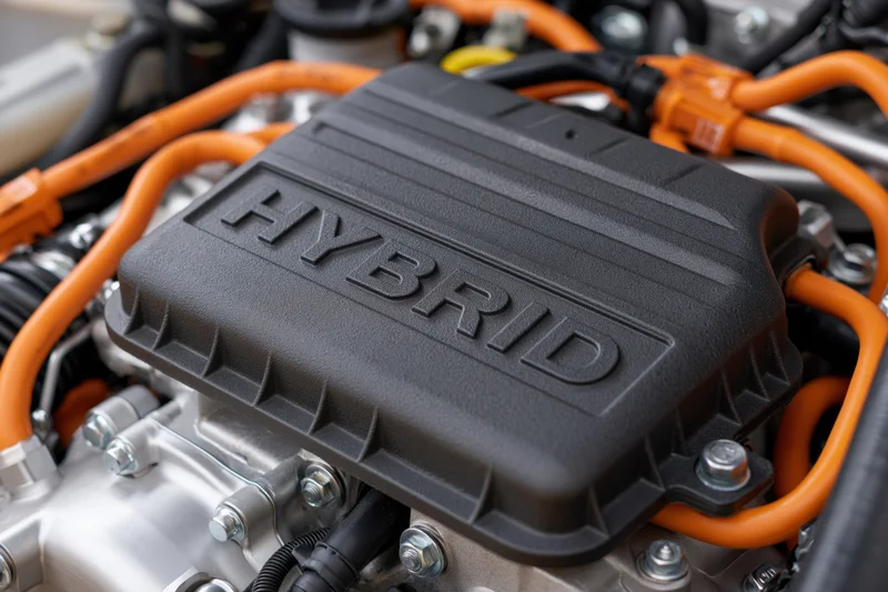 Close-up of hybrid car engine bay with black cover and orange cables