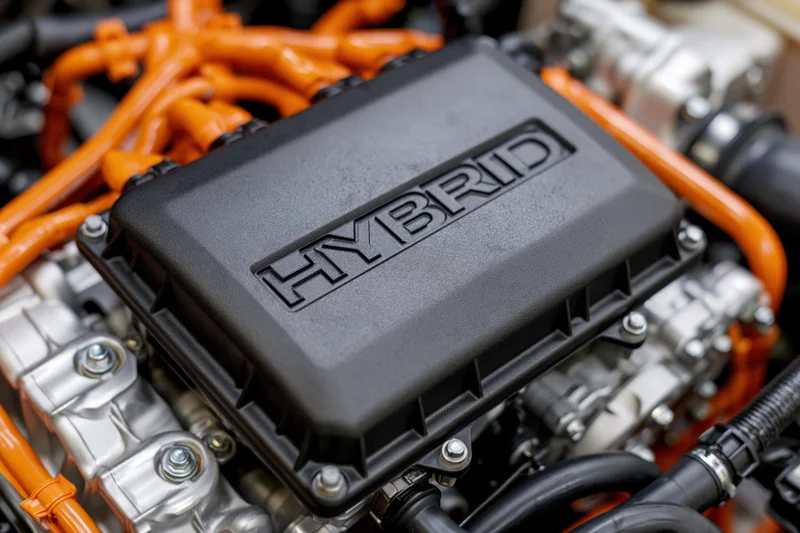 Close-up of hybrid car engine bay with black cover and orange cables