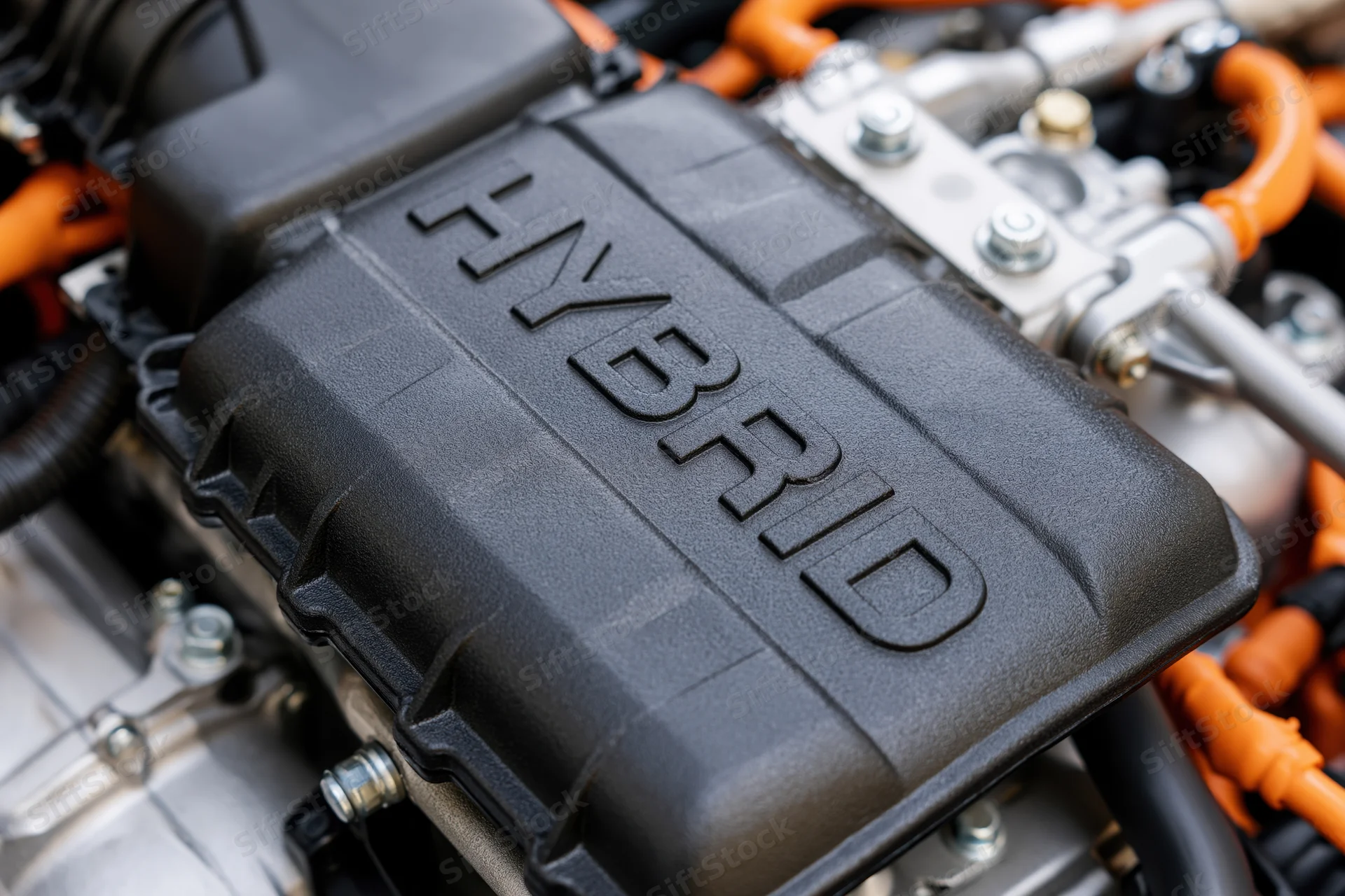 Close-up of a hybrid car engine bay showing a matte black cover with embossed text and orange cables