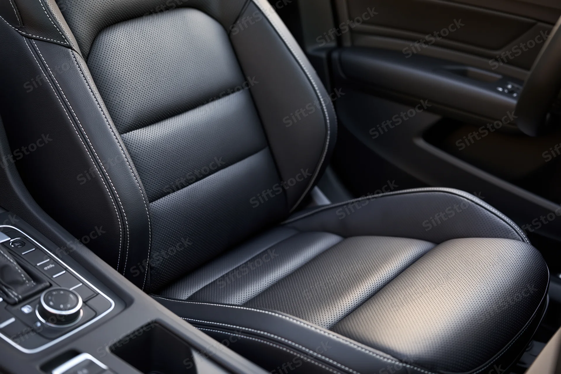 Close-up of black leather driver's seat with perforated texture and white stitching in modern car interior