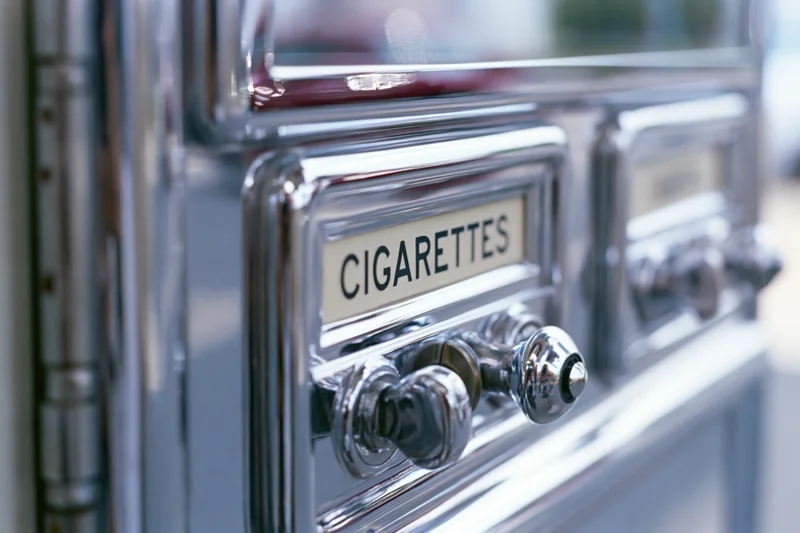 Close-up of vintage chrome cigarette vending machine with lever and label showing cigarettes