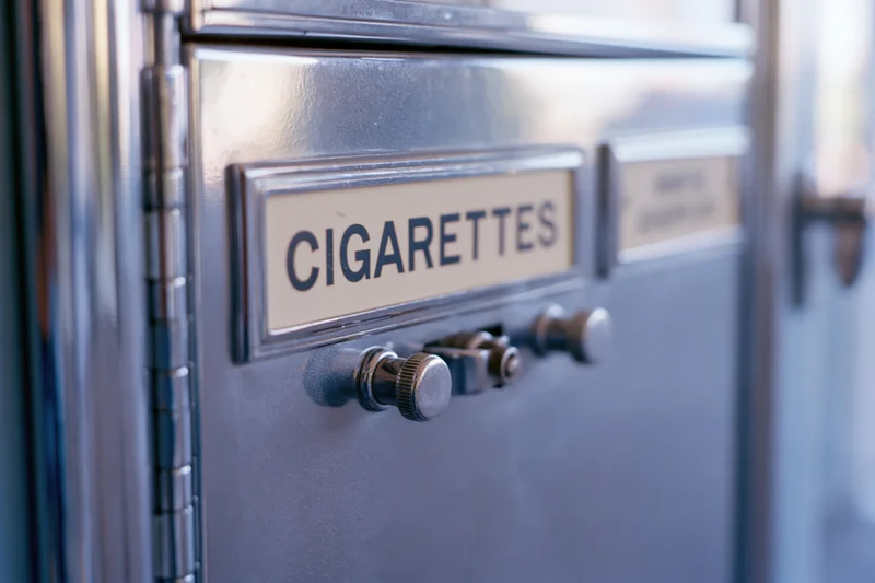 Close-up of a vintage chrome cigarette vending machine showing the labeled slot and coin mechanism