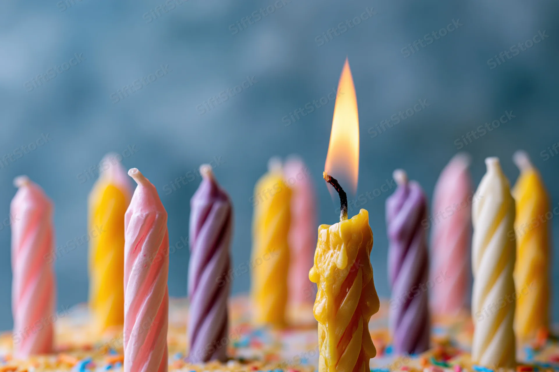 Lit yellow birthday candle among colorful twisted candles on a cake with sprinkles