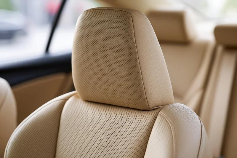 Close-up of perforated tan leather car seat headrest in rear interior