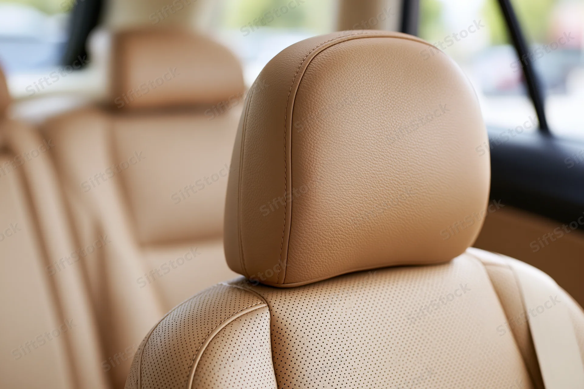 Close-up of tan perforated leather car seat headrest in rear cabin