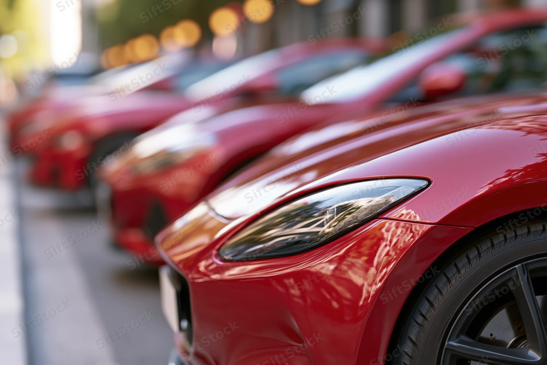 Close-up of red electric car front quarter panel and headlight in a row on urban street