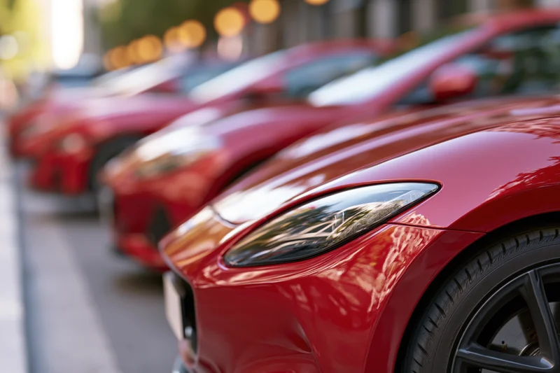 Close-up of red electric car front quarter panel and headlight in a row on urban street