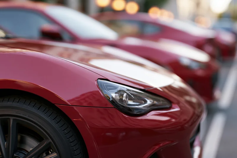 Close-up of red car front quarter panel and headlight in a row on city street