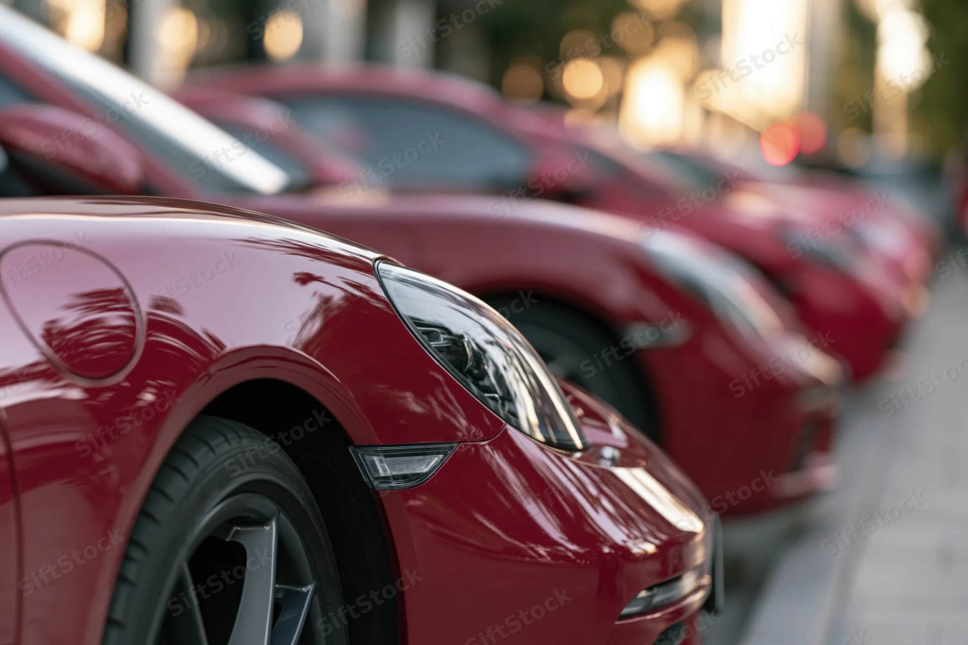 Red electric car front quarter panel and headlight in urban parking row at twilight