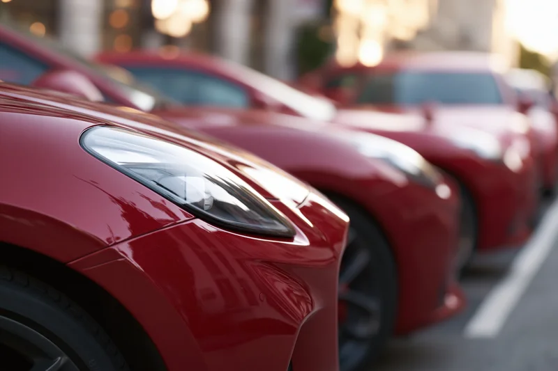 Red electric cars lined up in a row on a city street at sunset