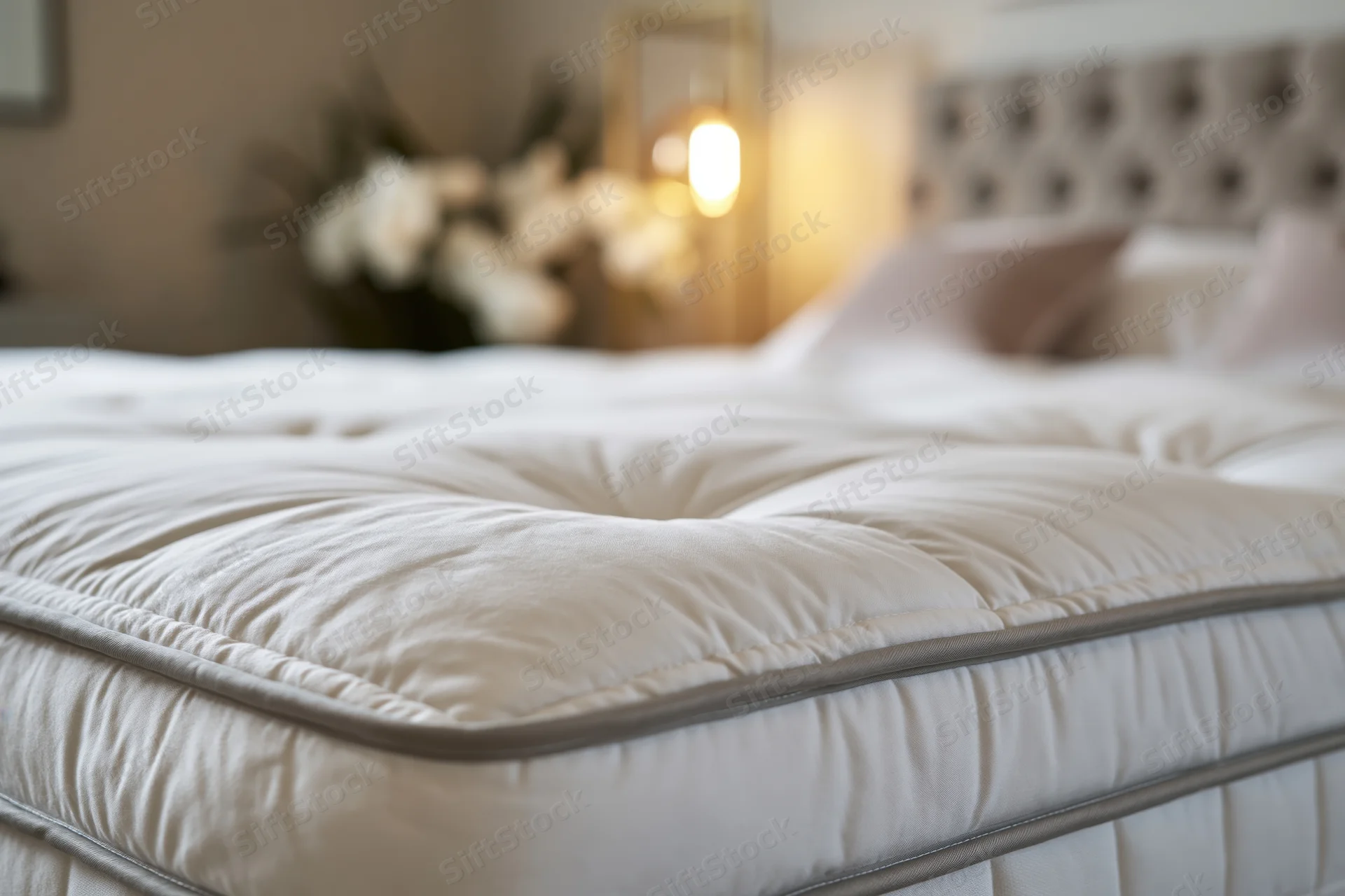 Close-up of a white quilted mattress on a bed in a softly lit bedroom with a tufted headboard and bedside lamp