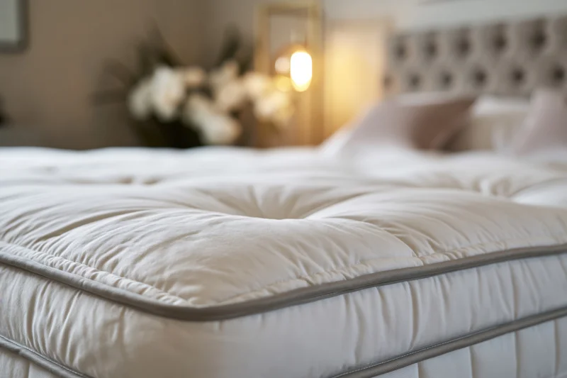 Close-up of a white quilted mattress on a bed in a softly lit bedroom with a tufted headboard and bedside lamp