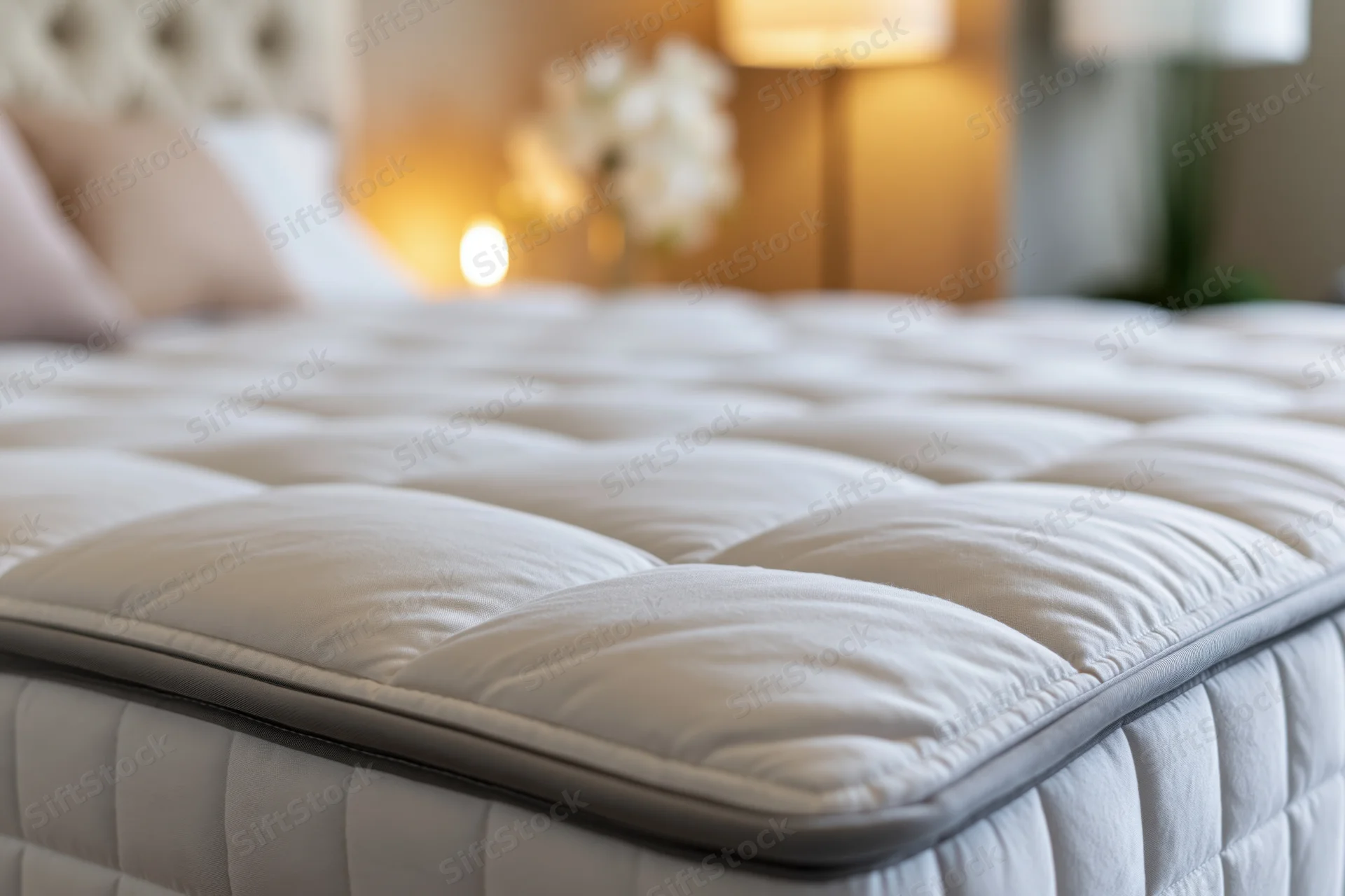 Close-up of a white quilted mattress on a bed in a softly lit bedroom