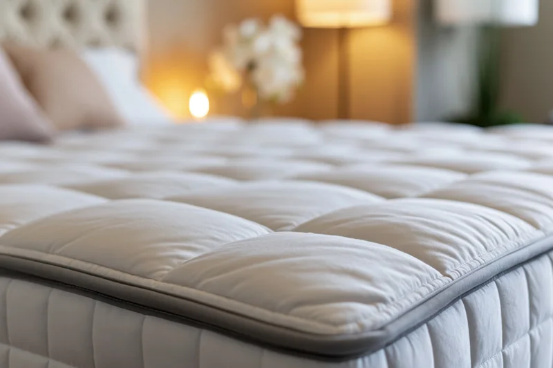 Close-up of a white quilted mattress on a bed in a softly lit bedroom