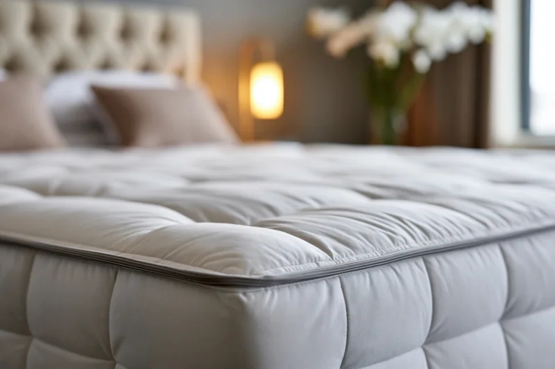 Close-up of a white quilted mattress on a bed in a softly lit bedroom with a tufted headboard and floral decor