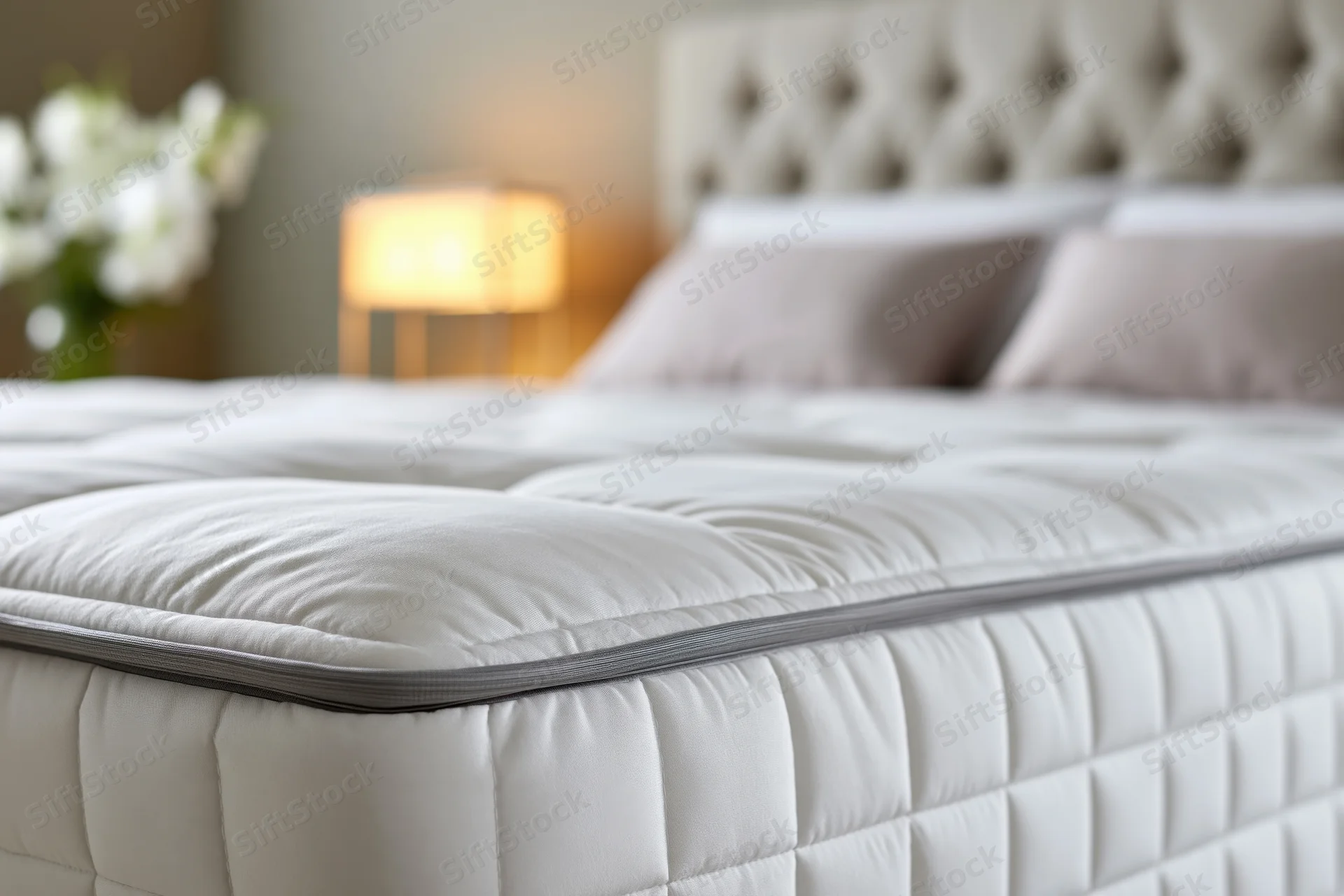 Close-up of a white quilted mattress on a bed in a bedroom with a tufted headboard and soft lighting