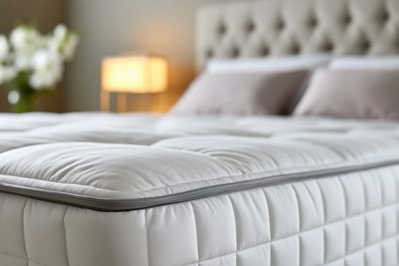 Close-up of a white quilted mattress on a bed in a bedroom with a tufted headboard and soft lighting
