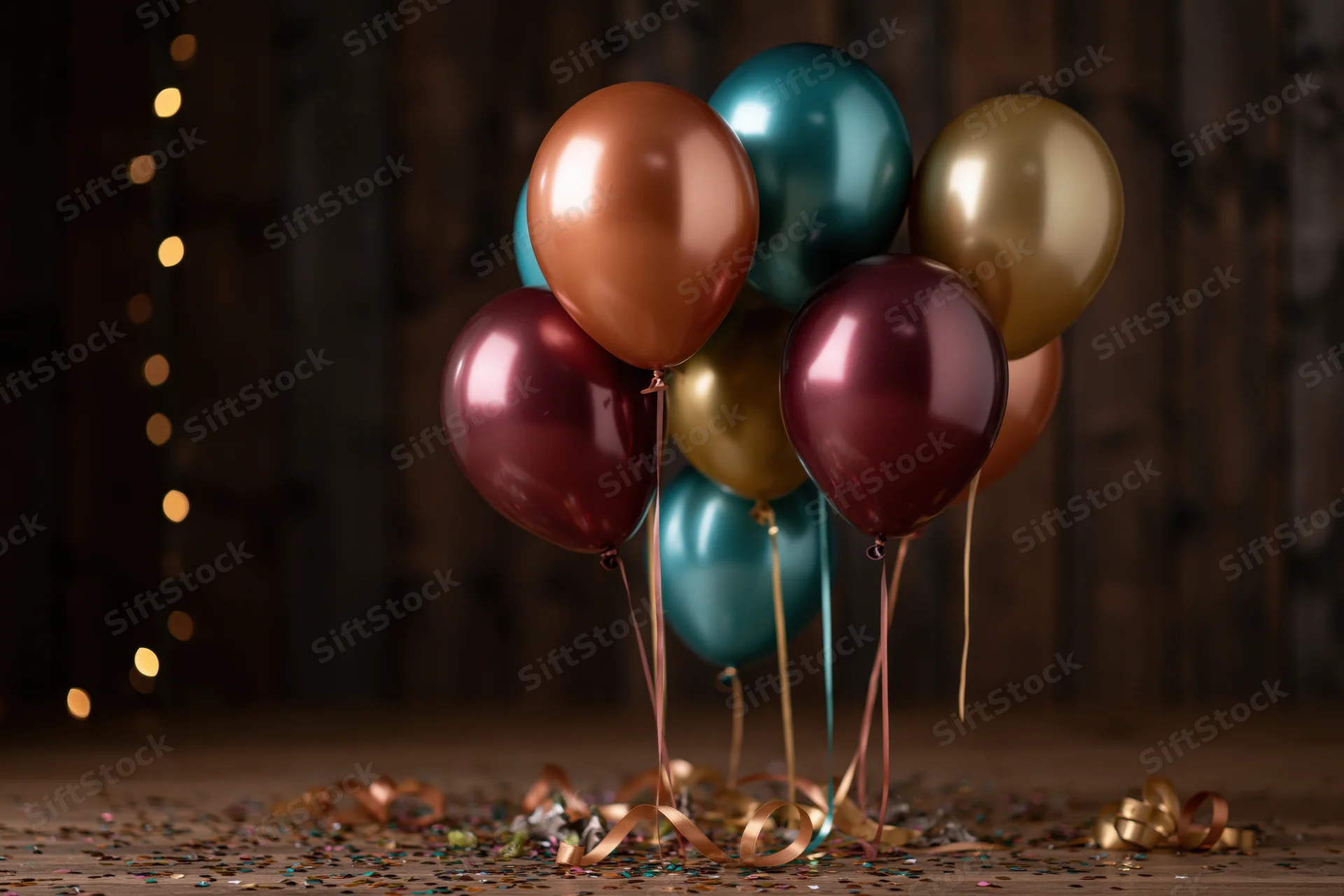 Cluster of metallic helium balloons in copper, teal, burgundy, and gold resting on a wooden floor with scattered confetti and ribbon, against a dark wooden background with bokeh lights