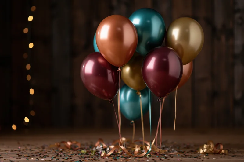 Cluster of metallic helium balloons in copper, teal, burgundy, and gold resting on a wooden floor with scattered confetti and ribbon, against a dark wooden background with bokeh lights
