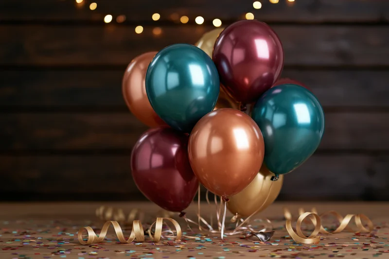 Cluster of metallic helium balloons in copper, teal, burgundy, and gold arranged on a wooden surface with confetti and streamers for a celebration
