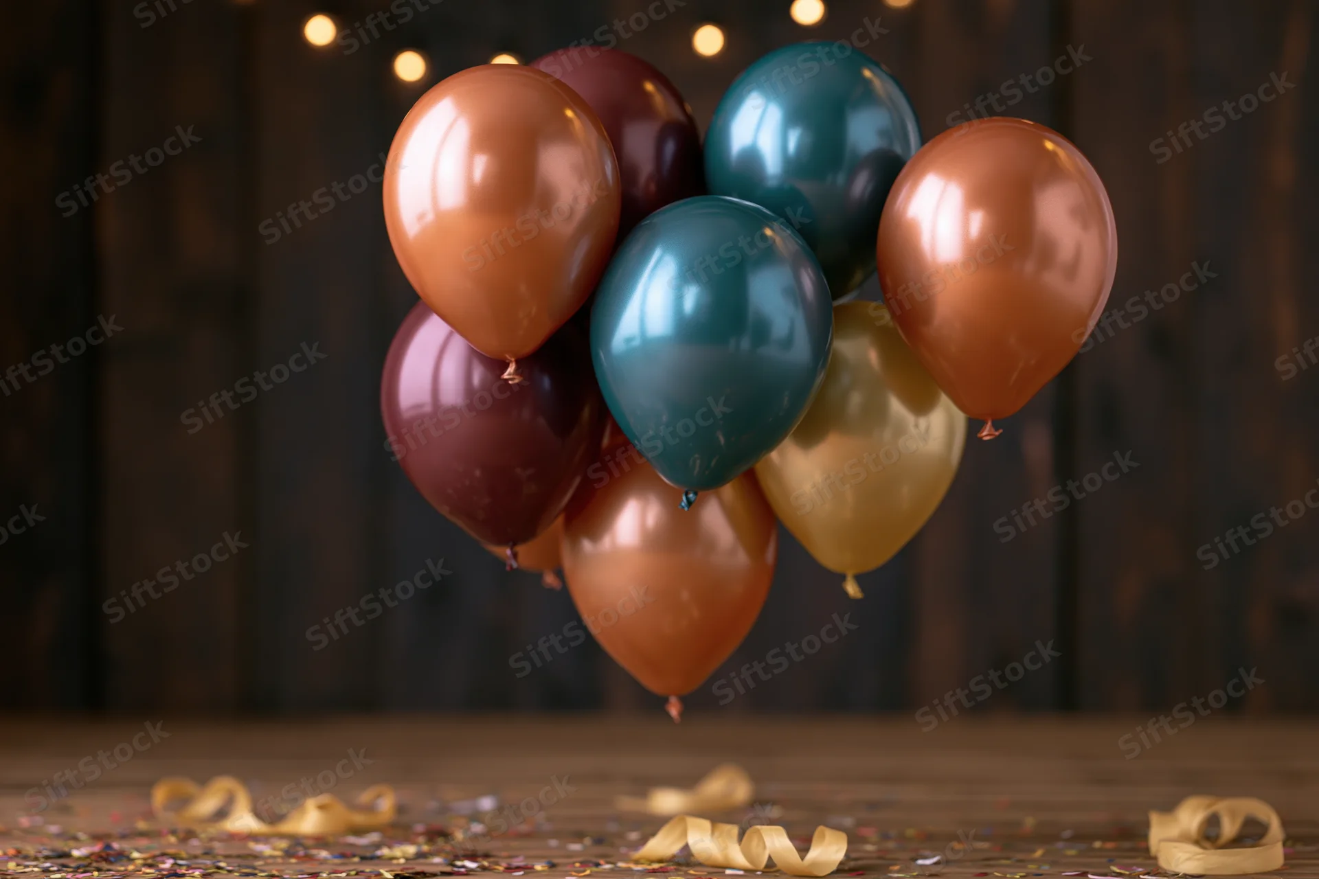 Cluster of metallic helium balloons in copper teal burgundy and gold floating above a wooden surface with confetti and streamers