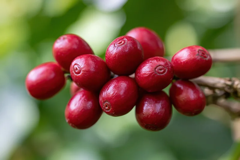 Cluster of ripe red coffee cherries on a woody branch closeup