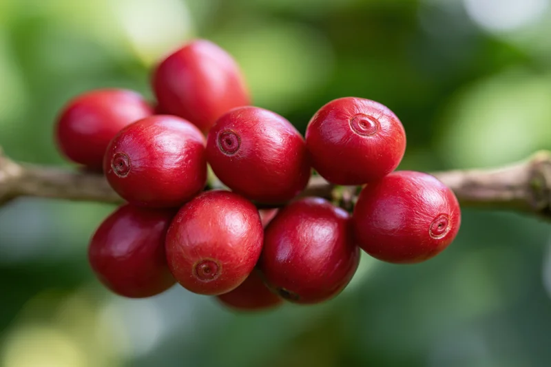 Cluster of ripe red coffee cherries on a woody branch closeup
