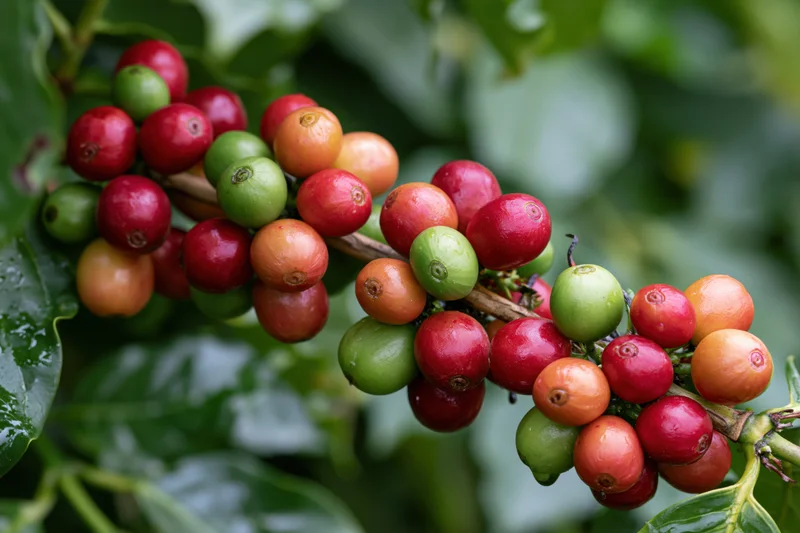 Coffee cherries in mixed ripeness stages clustered on a branch among green leaves