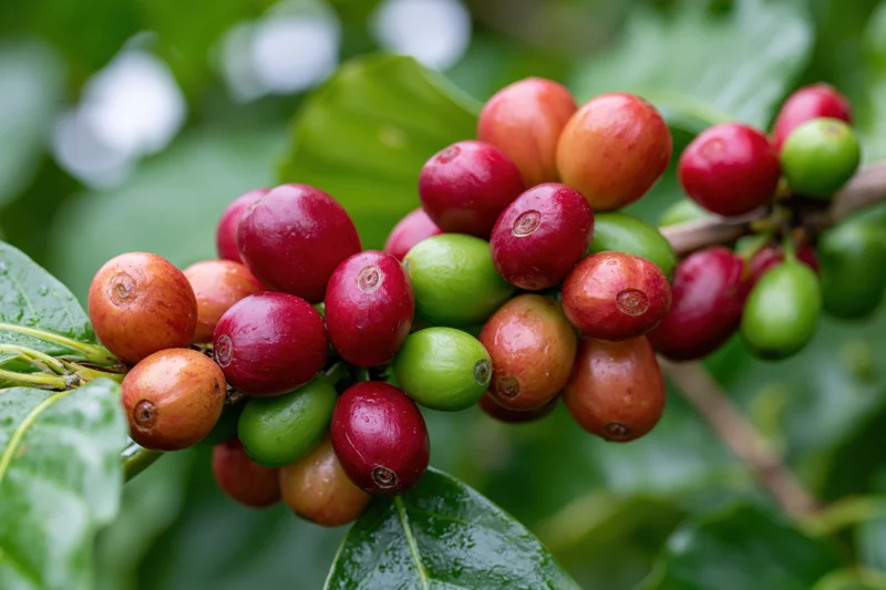 Coffee cherries in mixed ripeness stages clustered on a branch among green leaves