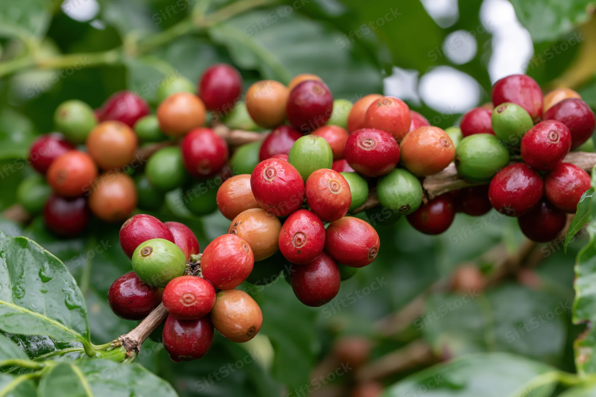Coffee cherries in mixed ripeness stages on a branch surrounded by green leaves
