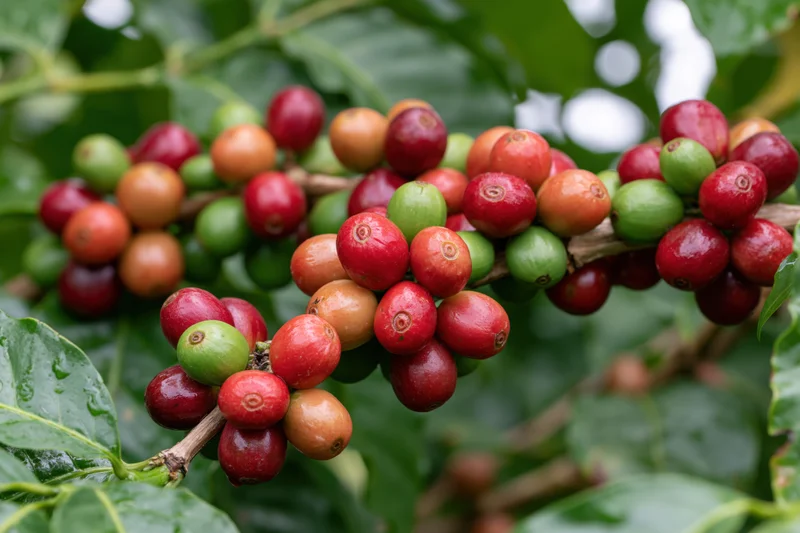 Coffee cherries in mixed ripeness stages on a branch surrounded by green leaves