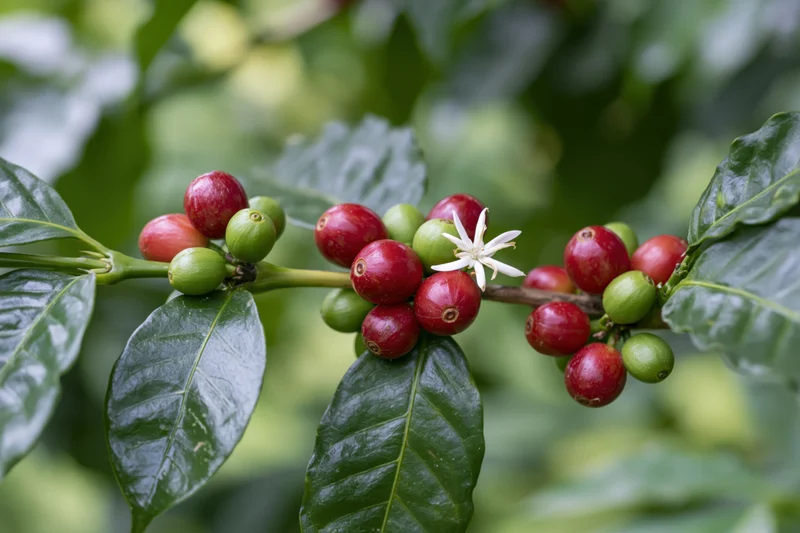 Coffee plant branch with red and green cherries and a white flower among green leaves