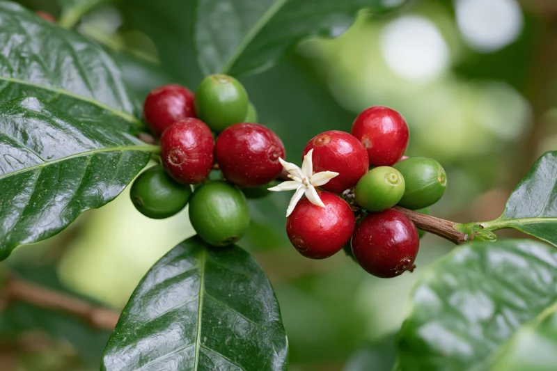 Coffee plant branch with red and green cherries and a white blossom among green leaves