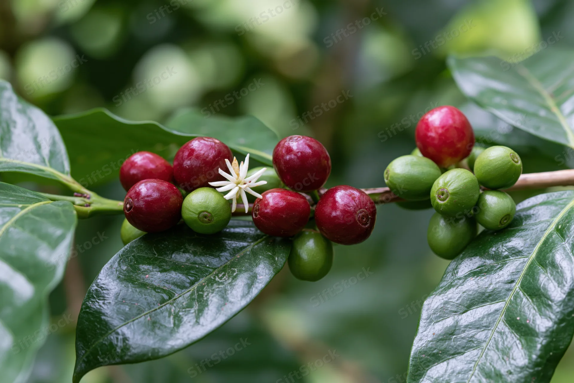 Coffee plant branch with red and green cherries and a white flower among glossy leaves