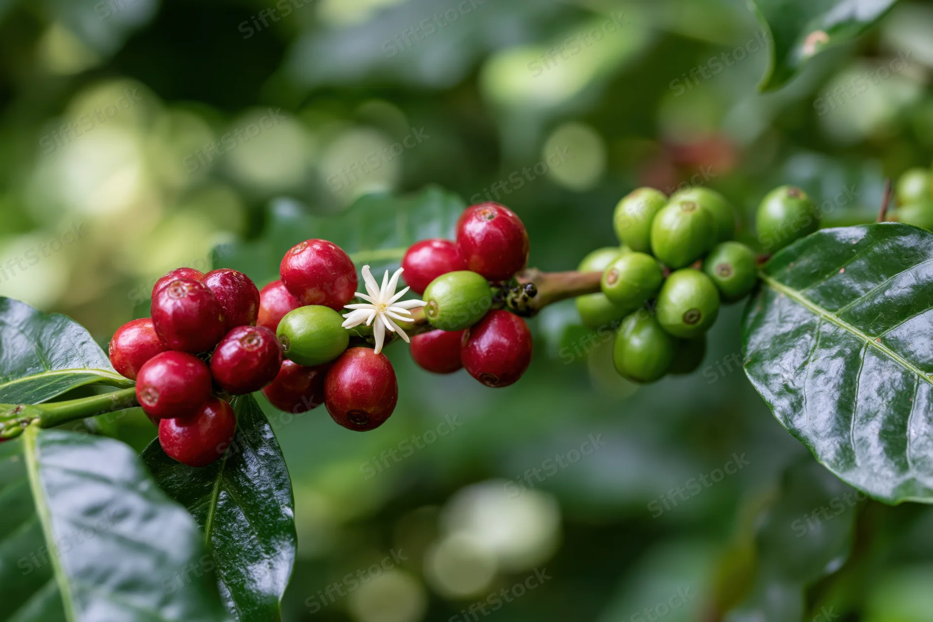 Coffee plant branch with red and green cherries and a white flower among green leaves