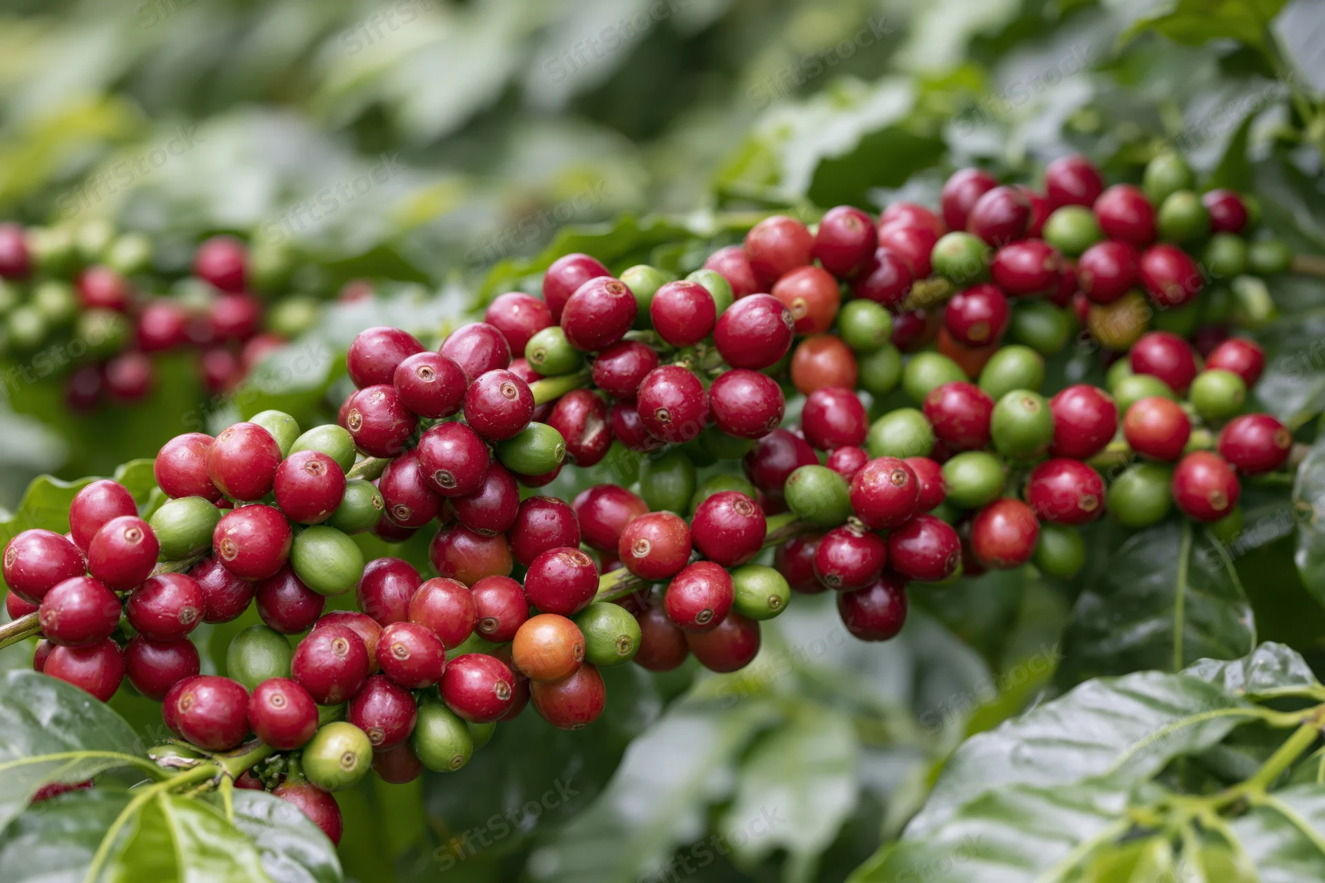 Coffee cherries in various stages of ripeness clustered on a branch among green leaves in a coffee plantation