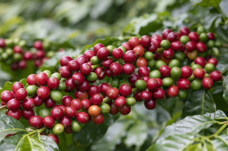 Coffee cherries in various stages of ripeness clustered on a branch among green leaves in a coffee plantation