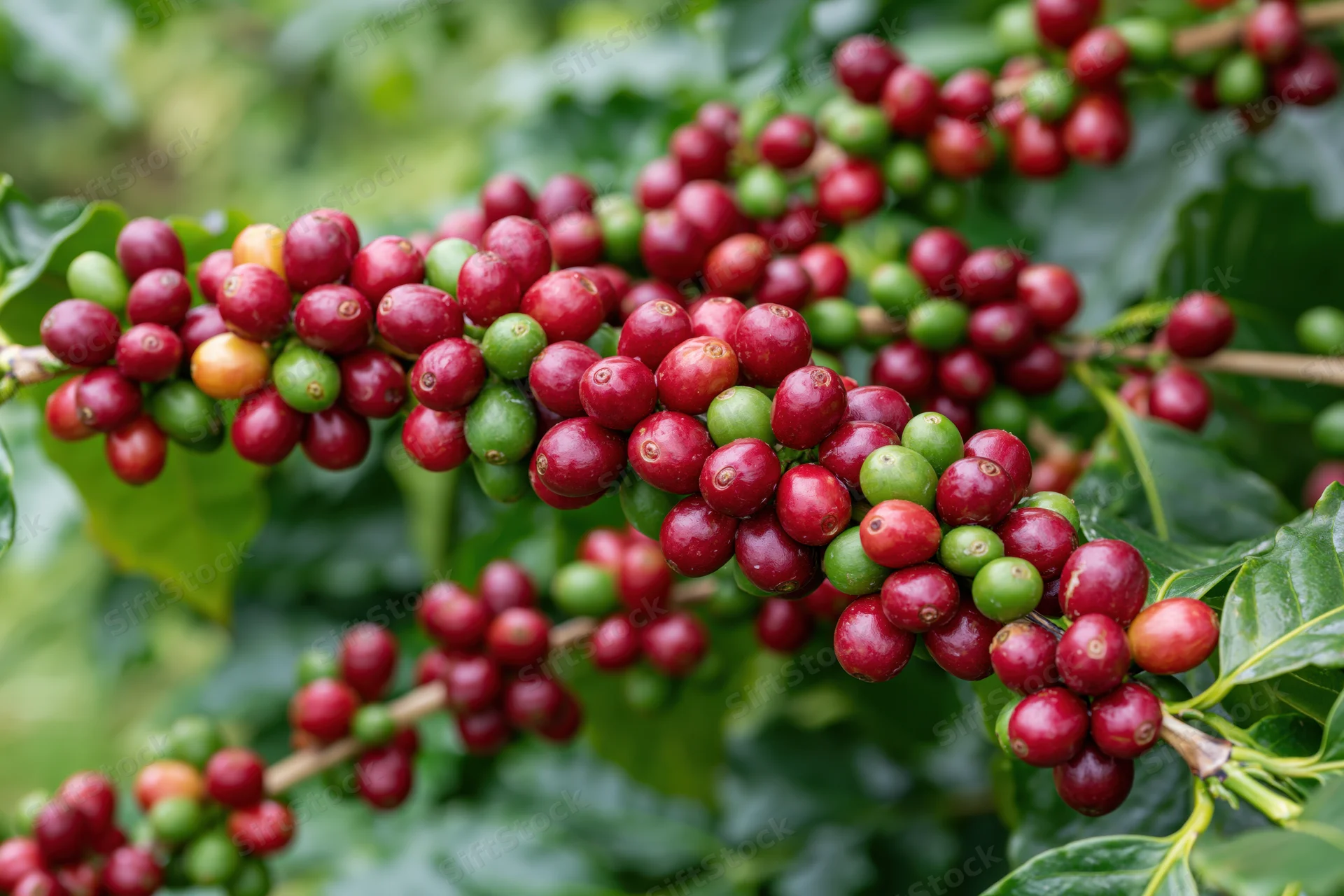 Coffee cherries in various stages of ripeness on a branch surrounded by green leaves