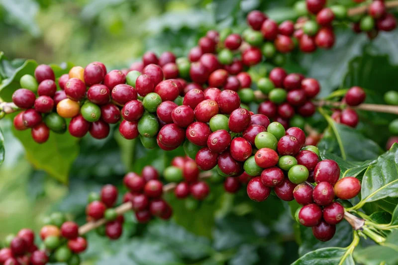Coffee plant branches loaded with red and unripe coffee cherries