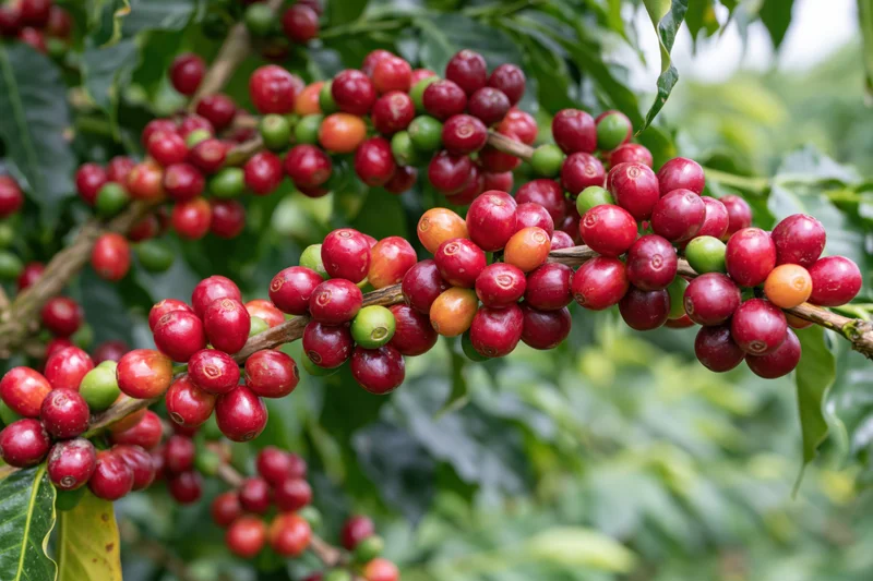 Coffee cherries in various stages of ripeness on a branch surrounded by green leaves