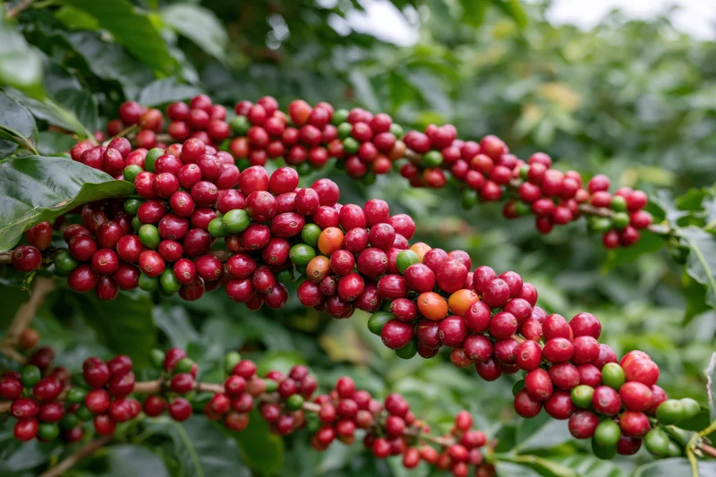 Coffee cherries in various stages of ripeness on a branch surrounded by green leaves