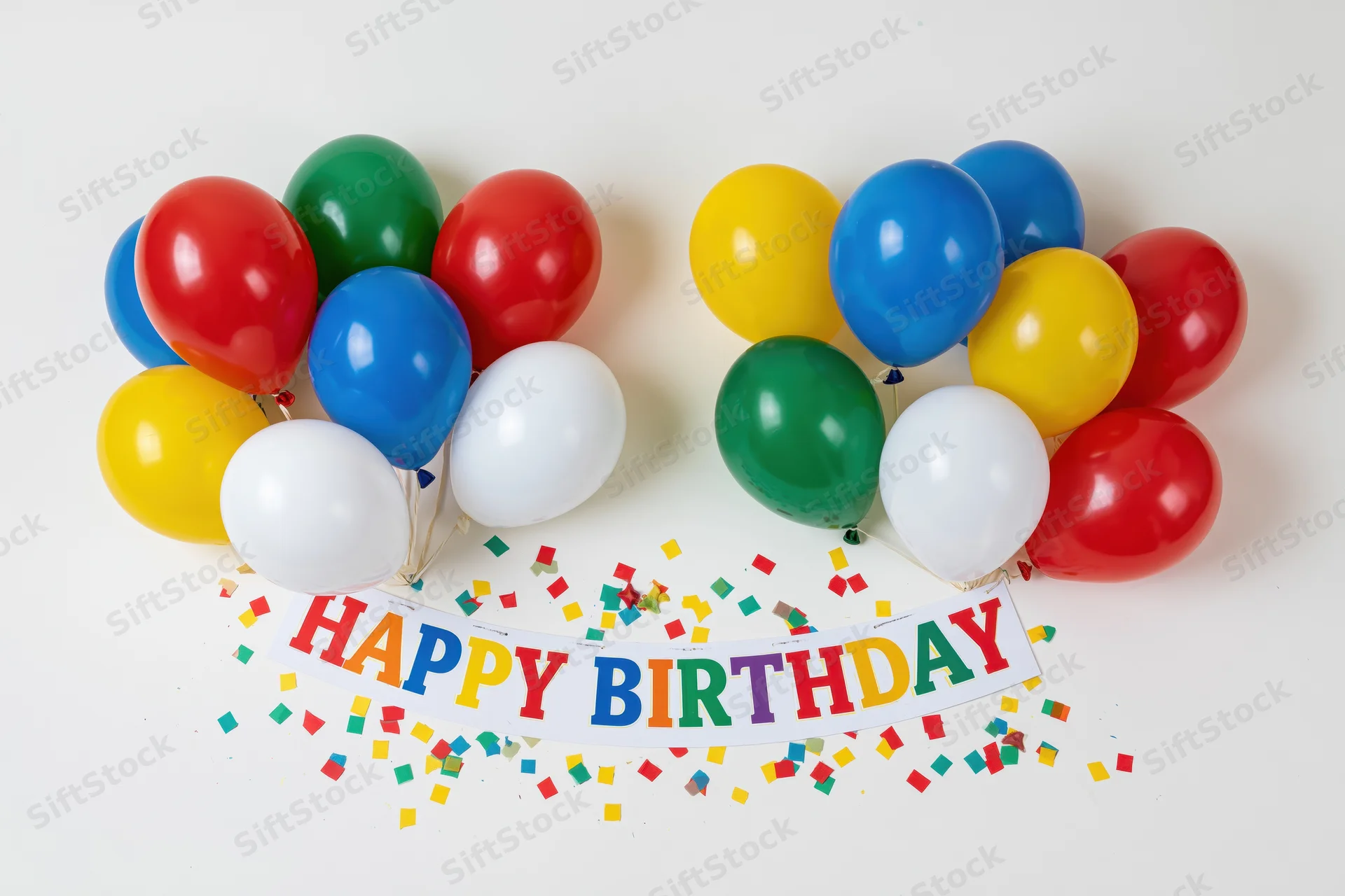 Colorful balloons clustered in two bunches flanking a happy birthday banner with confetti on white background