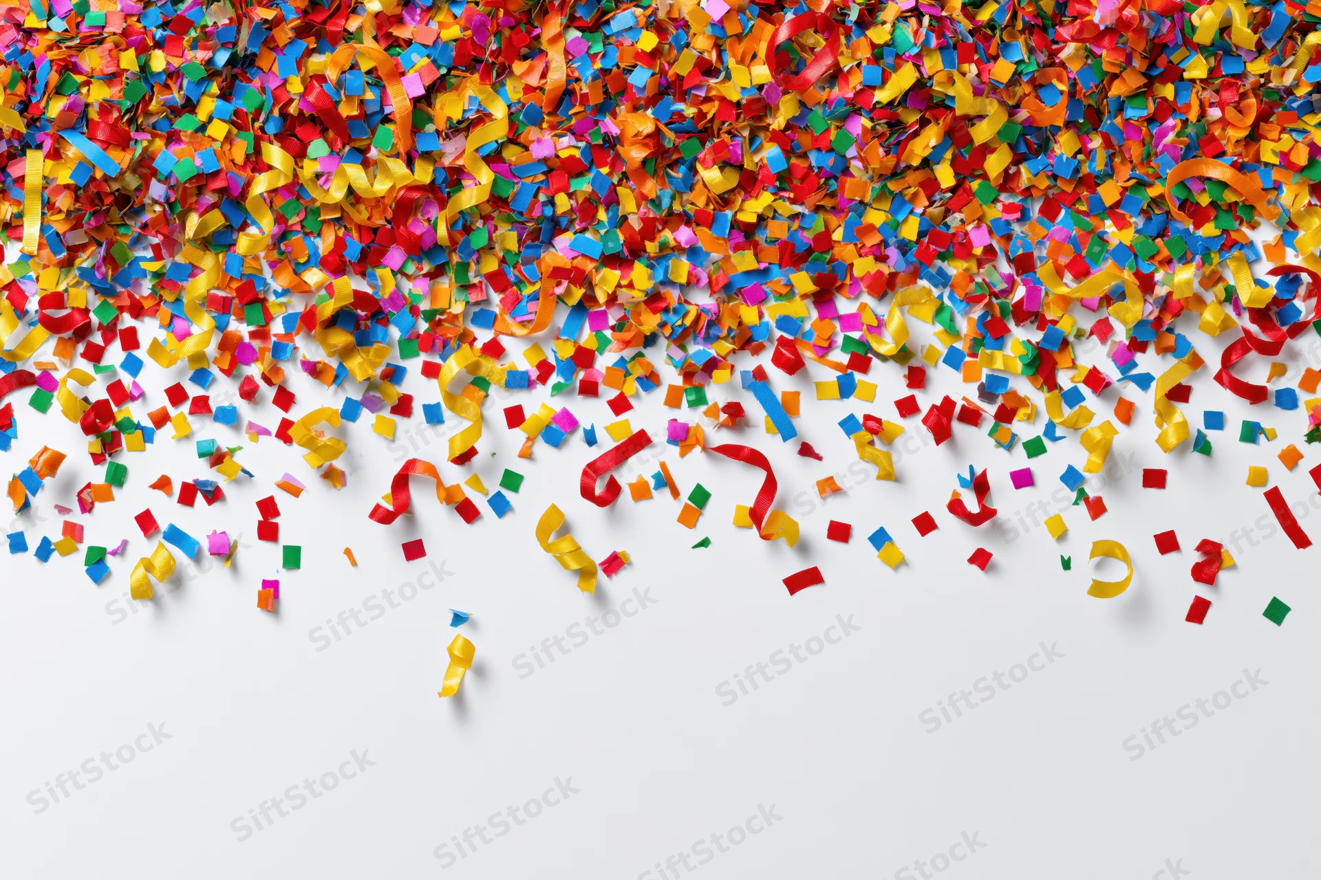 Colorful paper confetti and curled ribbon streamers scattered across white surface with copyspace