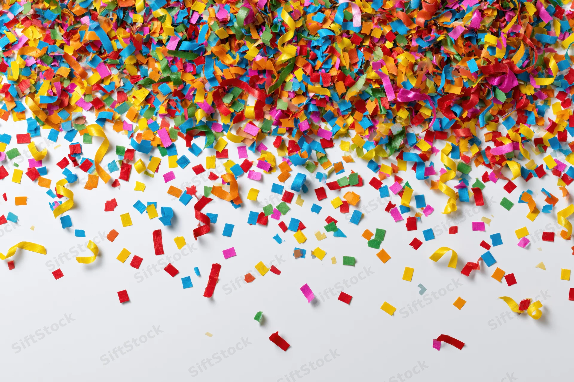 Colorful paper confetti and curled ribbon streamers falling on white background