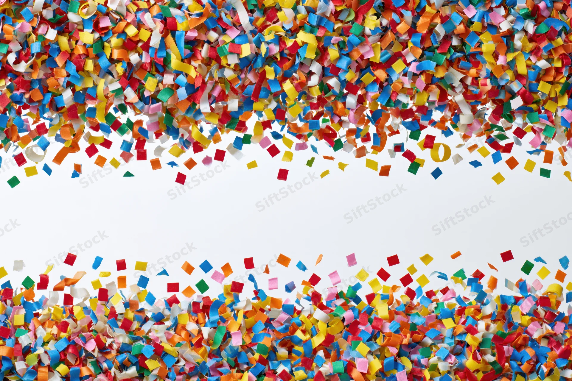 Colorful paper confetti and curled ribbon streamers falling in a frame with copyspace