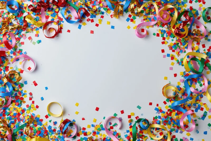 Colorful paper confetti and curled ribbon streamers arranged in a frame around a white copyspace