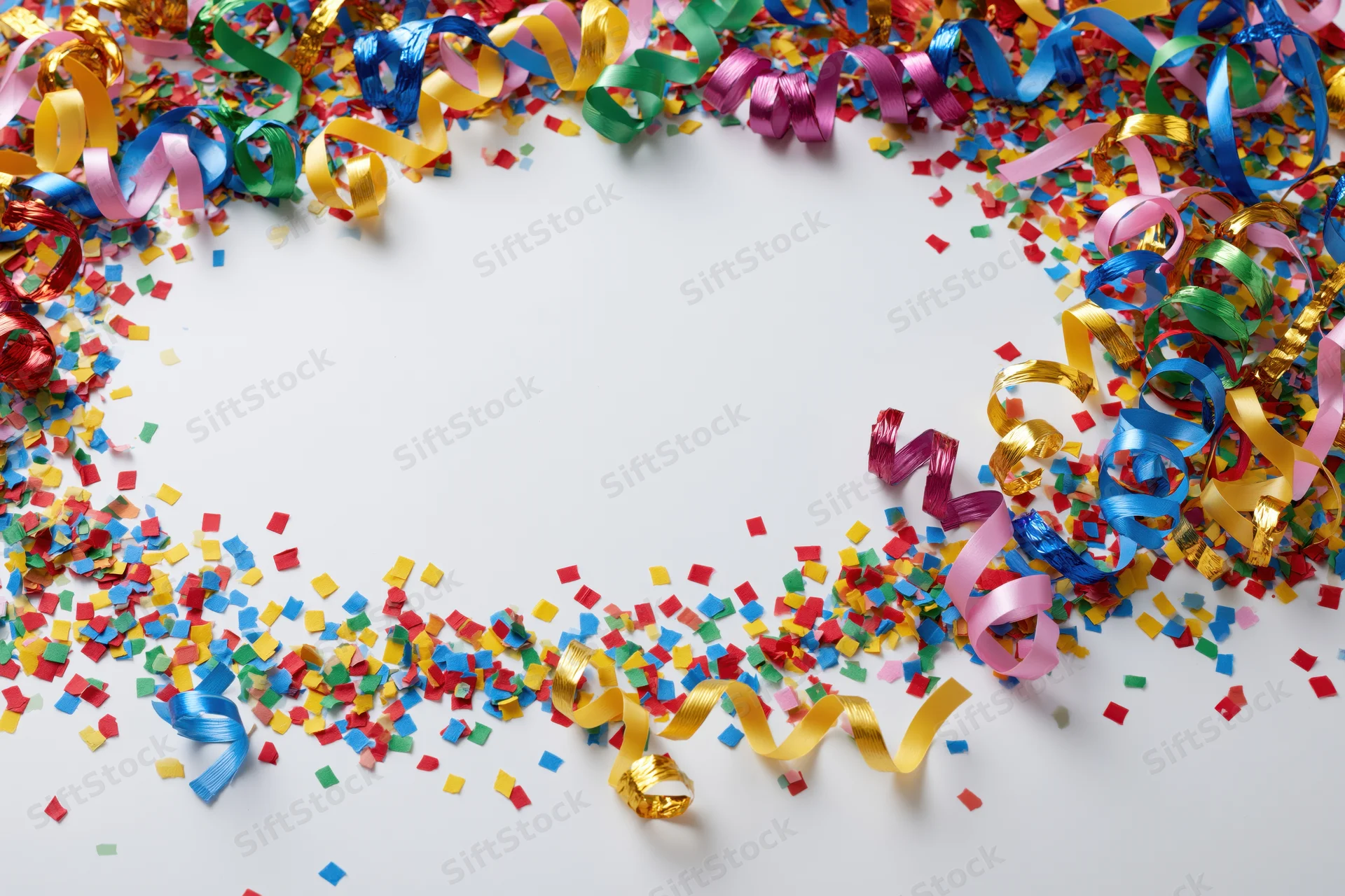 Colorful paper confetti and curled ribbon streamers scattered on white surface forming frame with copyspace