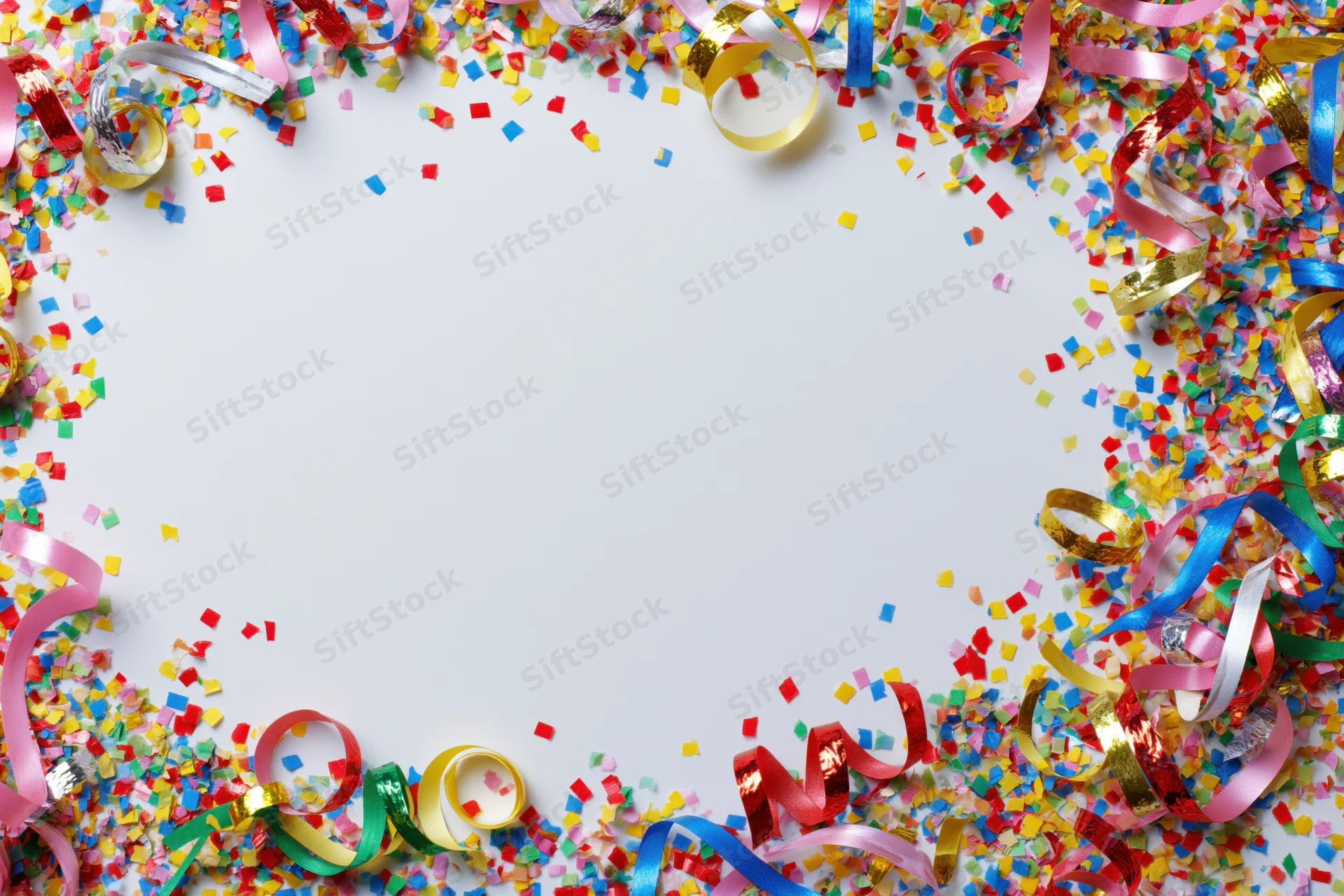 Colorful paper confetti and curled ribbon streamers scattered around a white surface forming a festive border with copyspace in the center