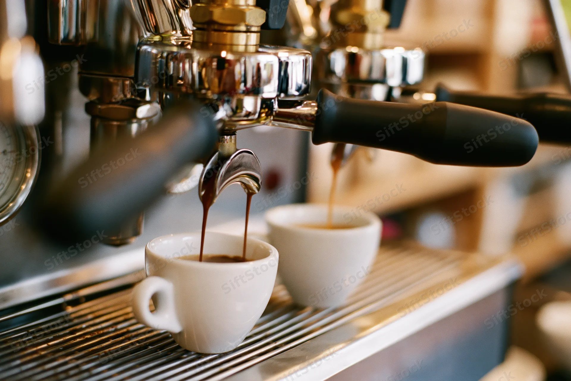 Espresso machine brewing coffee into two white cups on a metal drip tray in a cafe
