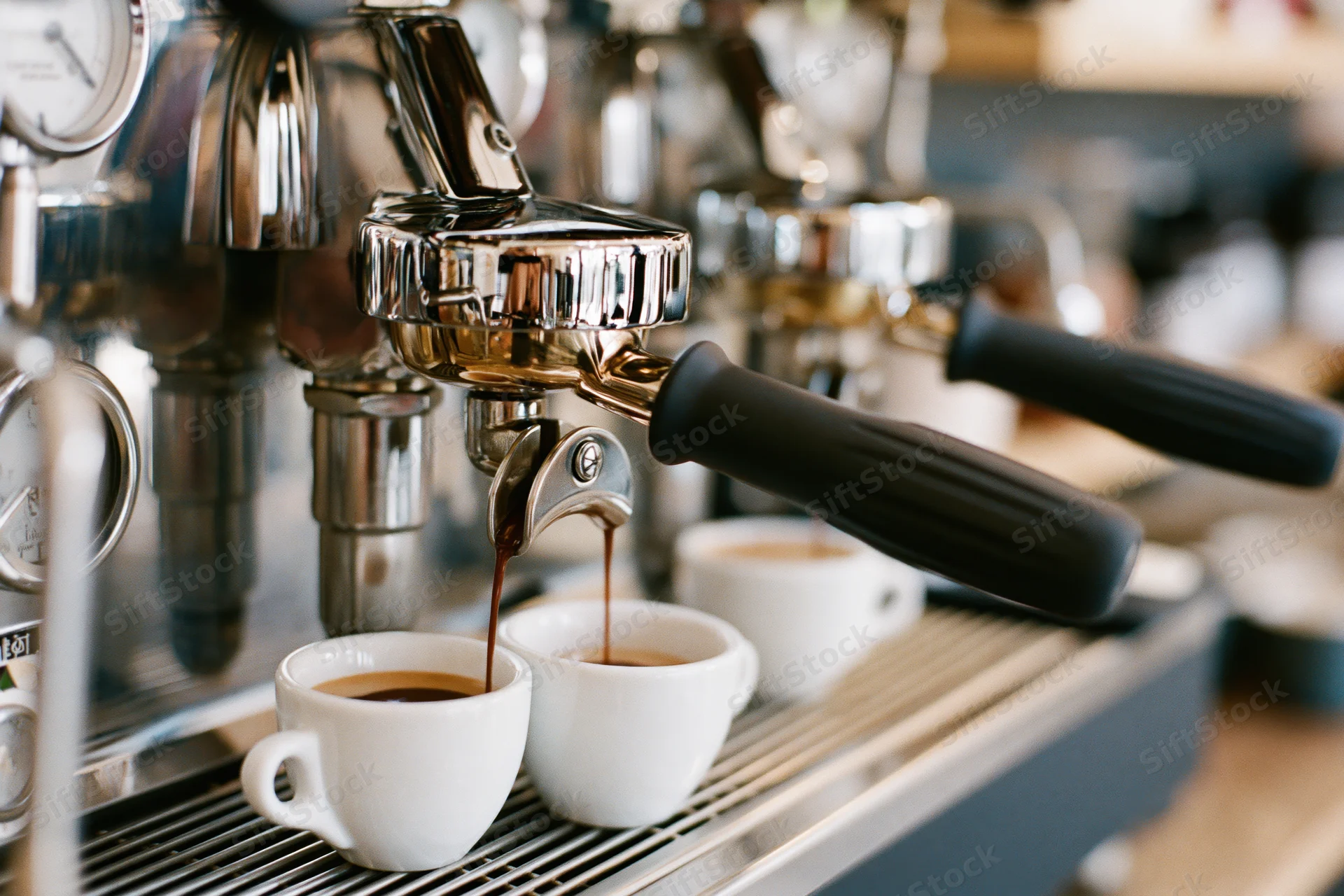 Espresso machine brewing coffee into white cups on a cafe counter